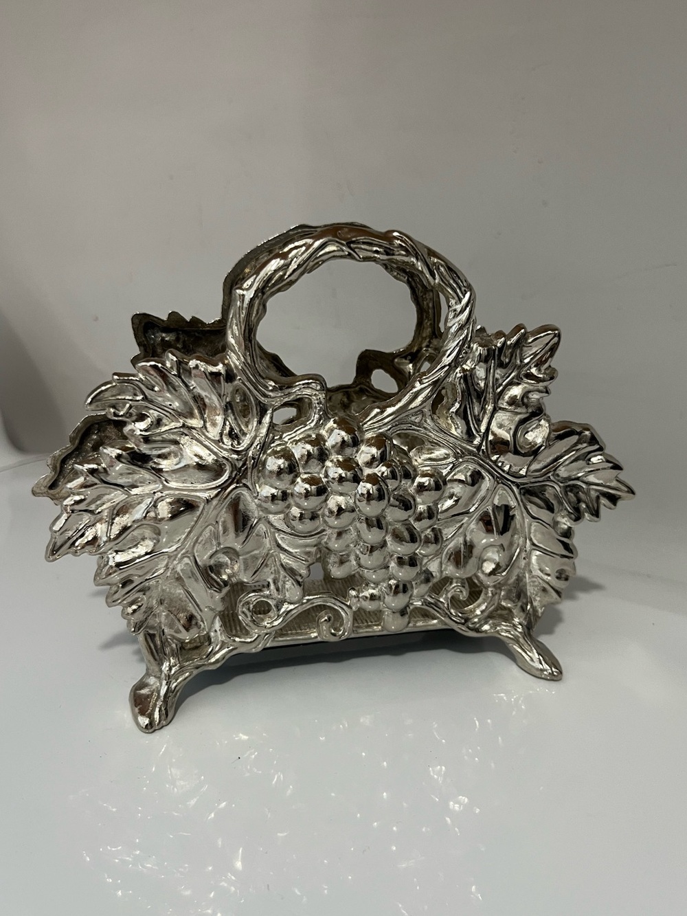 Vintage Silver Plated Napkin Holder w/ Ornate Grape & Leaves Design